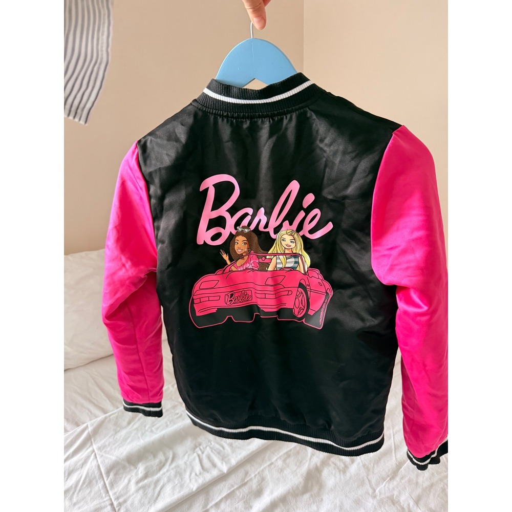 Barbie Limited Edition Girls Varsity Bomber Jacket Black Pink L 10-12 RN117508